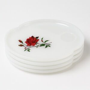 Vintage Federal Glass Rosecrest Milk Glass Snack Plates Red Rose Floral Set of 4